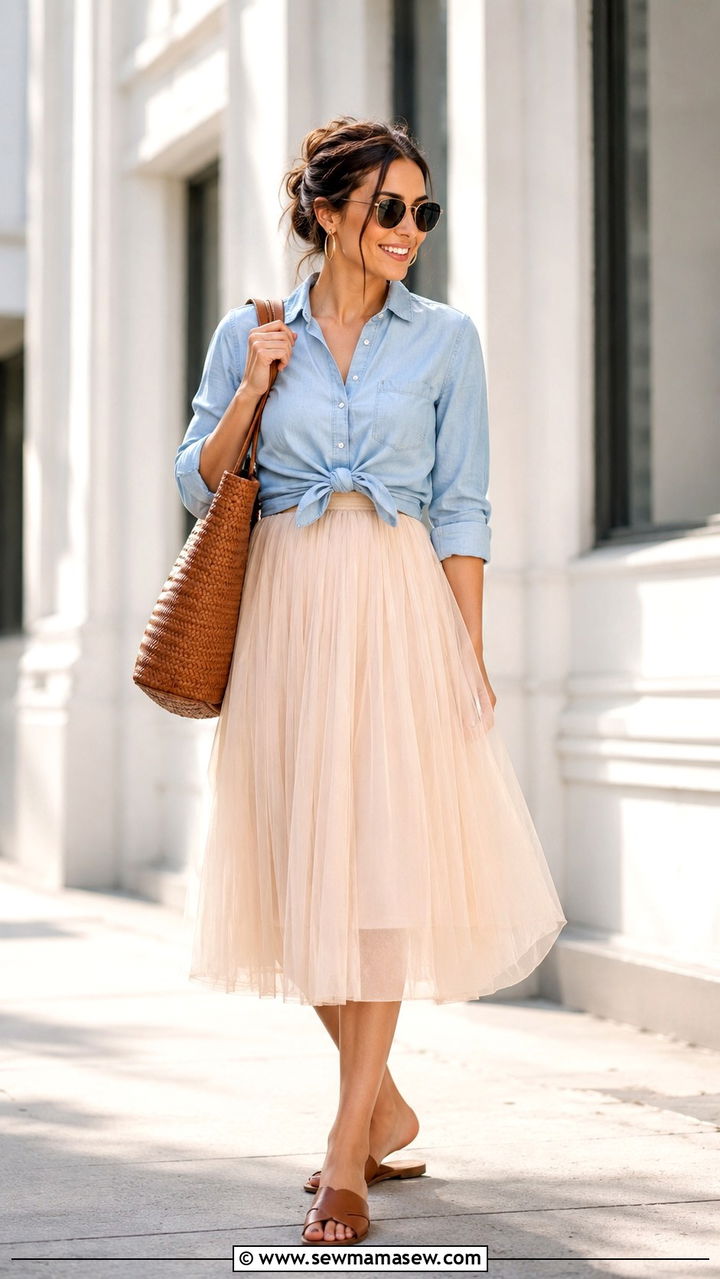 Champagne Tulle Skirt With Chambray Shirt And Brown Leather Slides - 25 Tulle skirt outfit ideas for work