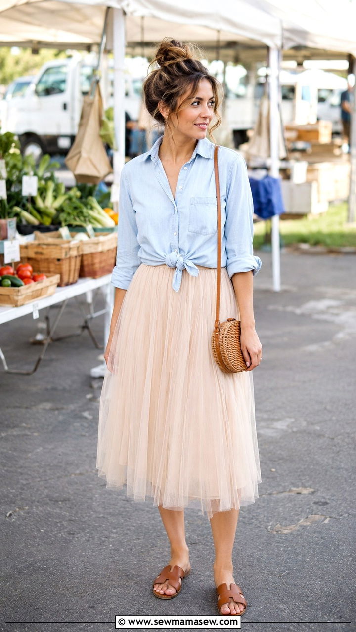 Champagne Tulle Skirt With Chambray Shirt And Brown Slides - 30 Tulle skirt outfit ideas for summer