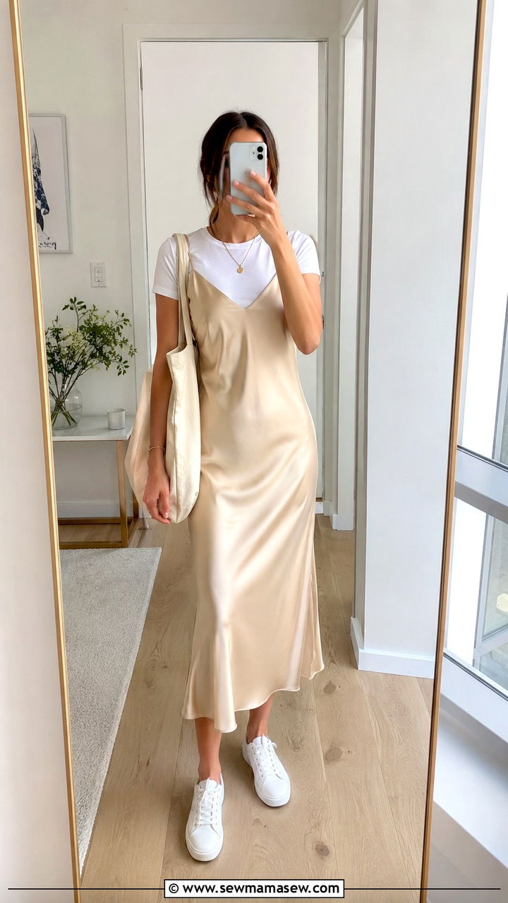 Champagne slip dress layered over white t shirt - 30 How to style a slip dress in spring