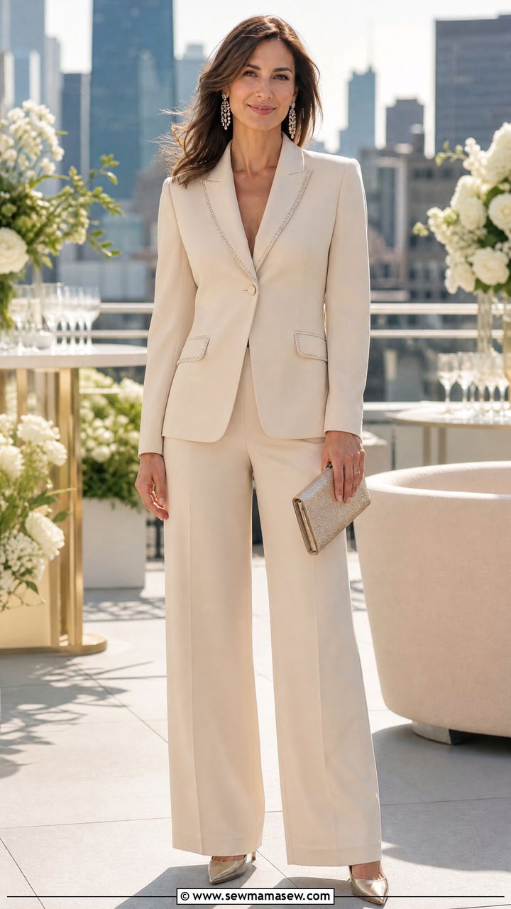 Champagne two piece pantsuit mother of the bride outfit - 25 Wedding guest outfit ideas for mom of the bride