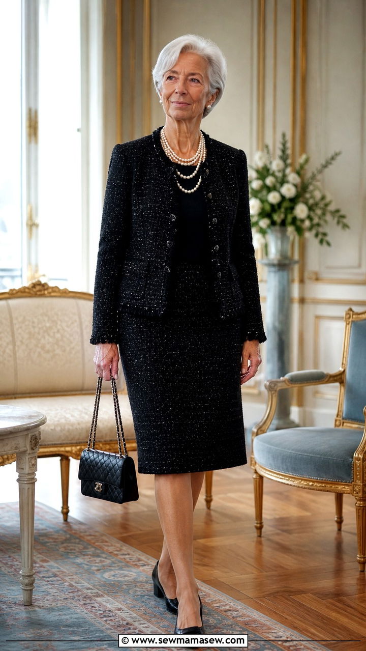 Chanel black tweed jacket with midi skirt - 20 Christine Lagarde style outfit ideas