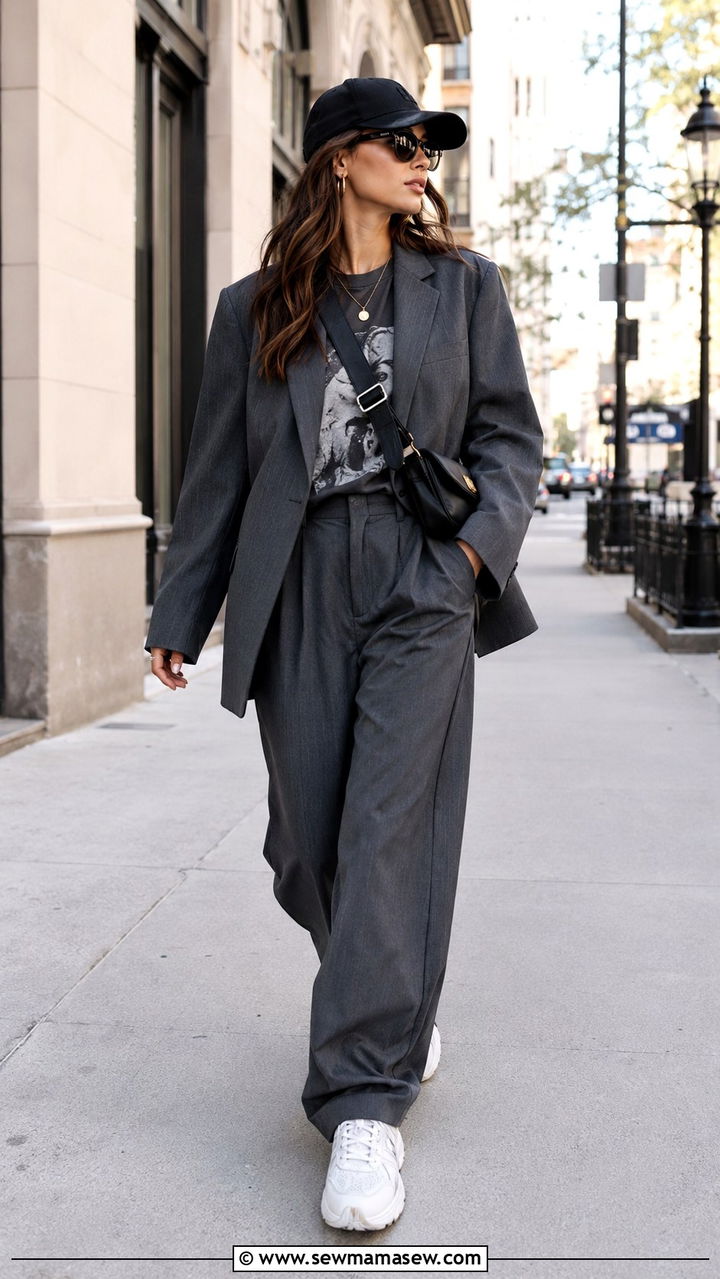 Charcoal Baggy Suit With Graphic Tee And Chunky Sneakers Outfit - 30 casual glamoratti outfits