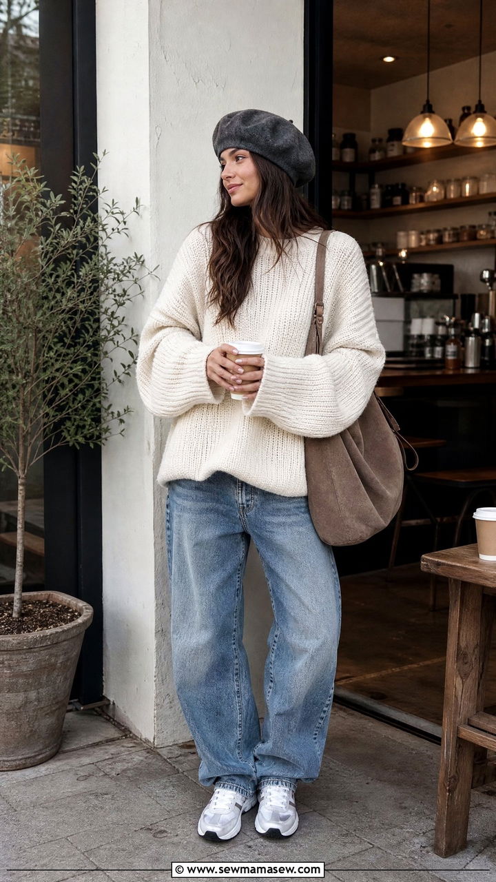 Charcoal Beret with Oversized Sweater and Baggy Jeans - 25 French girl outfit ideas with beret