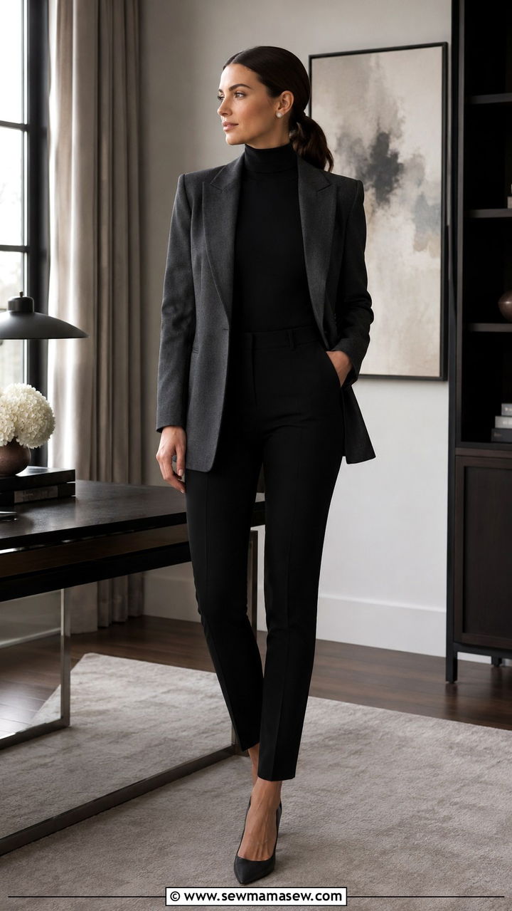 Charcoal Blazer With Black High Neck Bodysuit And Slim Pants - 25 Virtual interview outfit ideas