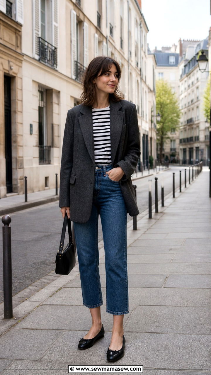 Charcoal Blazer With Breton Stripe Top And Cropped Jeans - 40 blazer outfit ideas for women