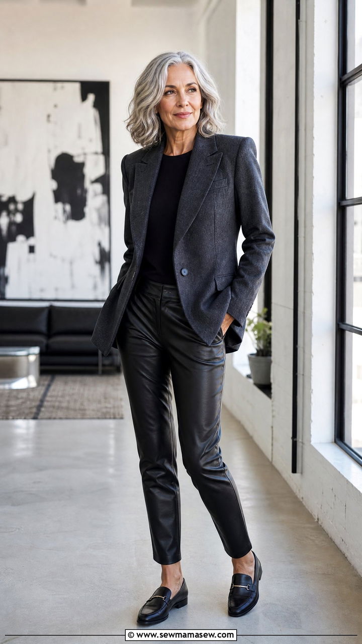 Charcoal Blazer with Black Leather Pants - 25 How to style a blazer over 50