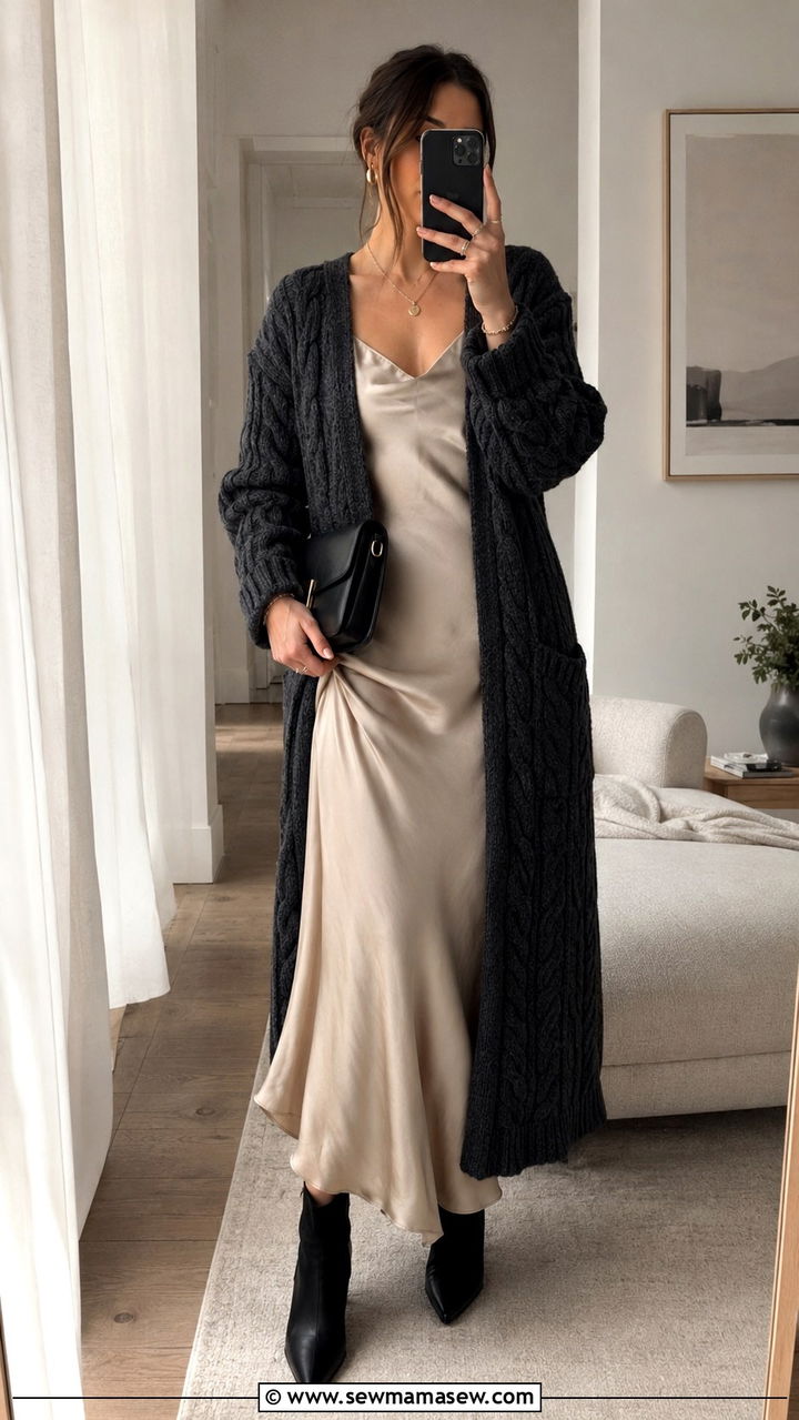 Charcoal Cable Knit Cardigan Over a Slip Dress - 25 Old money outfit ideas with cable knit