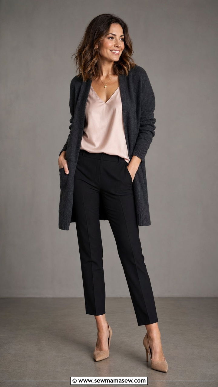 Charcoal Cardigan And Shell Blouse Outfit - 30 Zoom interview outfit ideas