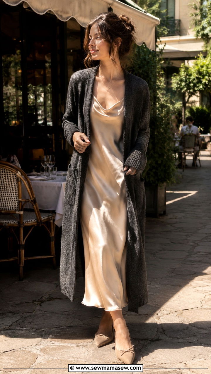 Charcoal Cardigan Over a Slip Dress Outfit - 30 Charcoal outfit ideas