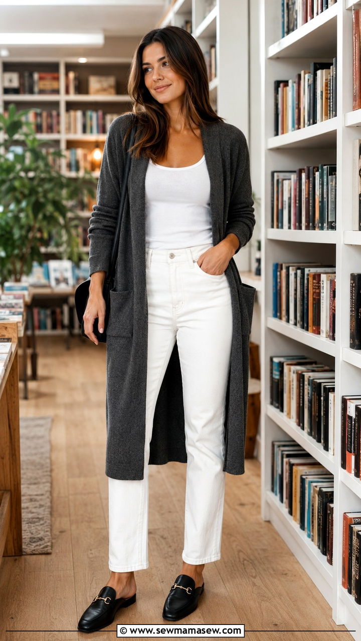 Charcoal Cardigan and White Jeans Outfit - 30 casual parisian outfits