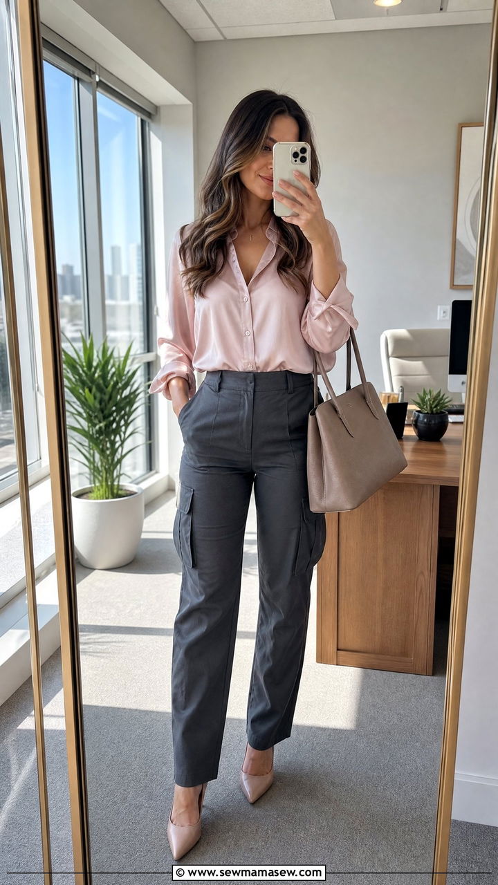 Charcoal Cargo Pants With A Blush Pink Blouse And Nude Heels - 25 Cargo pants outfit ideas for work