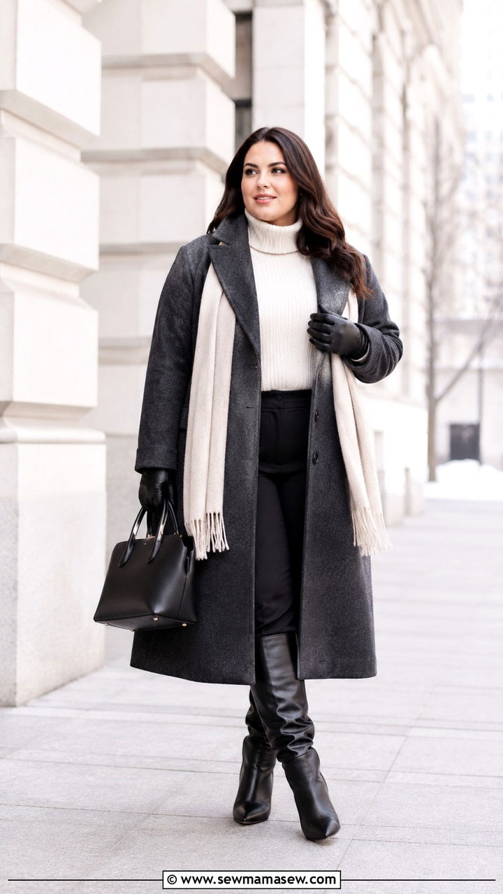 Charcoal Cashmere Coat and Cream Turtleneck Plus Size - 30 Old money outfit ideas plus size