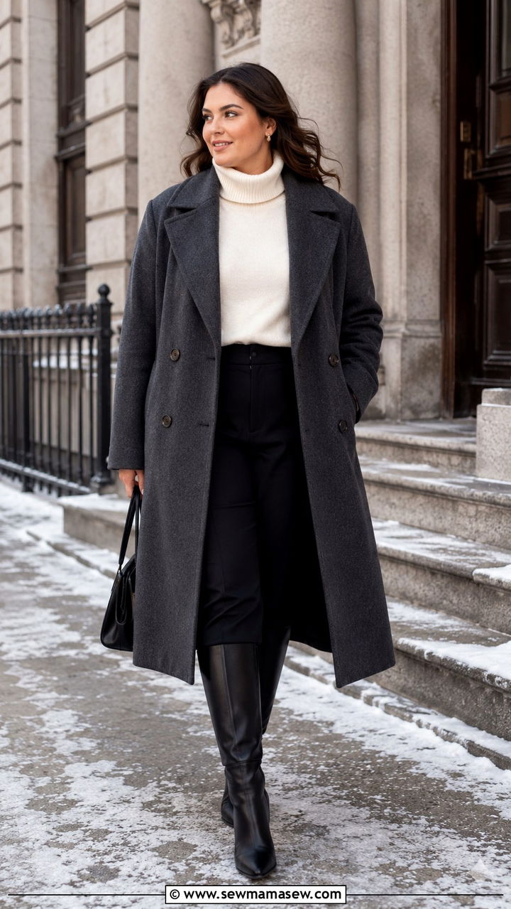 Charcoal Cashmere Coat and Cream Turtleneck Winter Outfit - 30 Old money outfits for curvy women