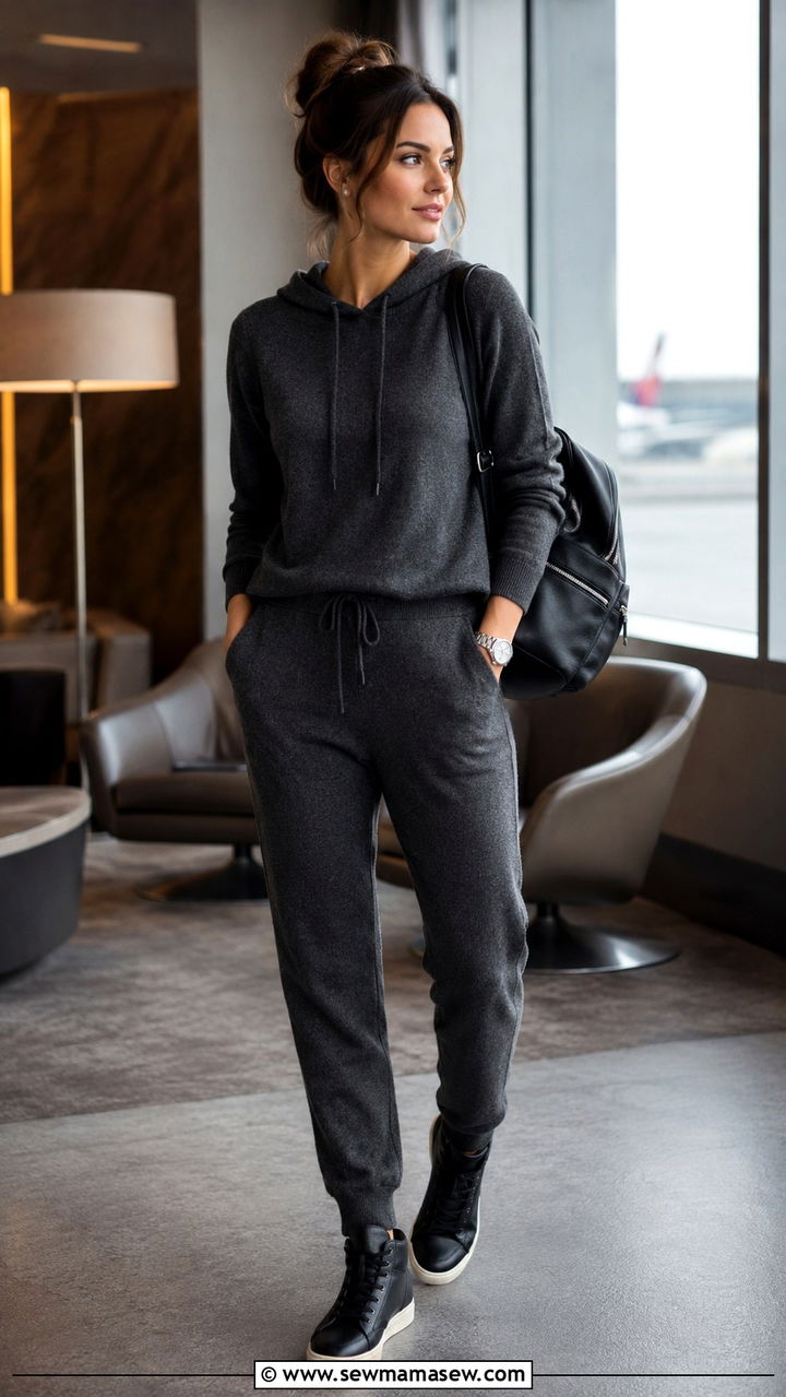 Charcoal Cashmere Hoodie And Sweatpants Travel Outfit - 25 Airport outfit ideas with matching set