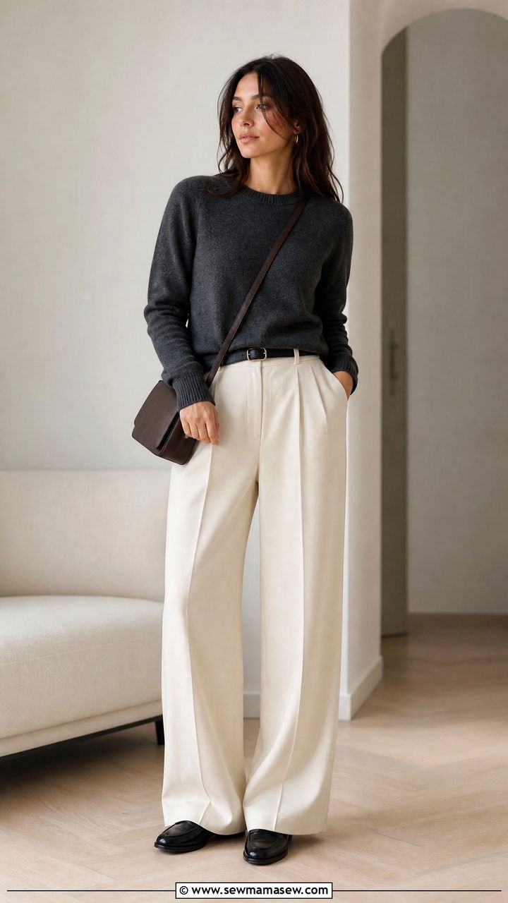 Charcoal Cashmere Sweater With Cream Pleated Trousers - 25 classy classy outfits