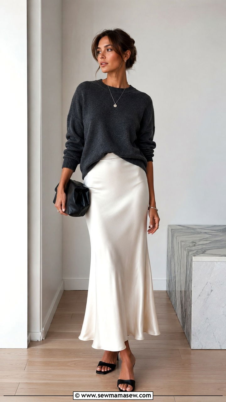 Charcoal Cashmere Sweater With Ivory Slip Skirt And Kitten Heels - 30 casual clean girl outfits