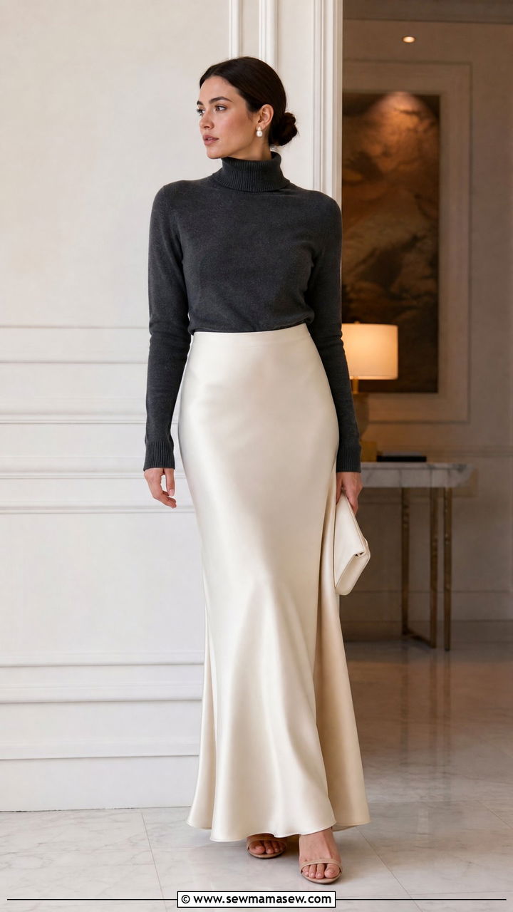 Charcoal Cashmere Turtleneck and Cream Maxi Skirt - 30 minimalist outfit ideas for women