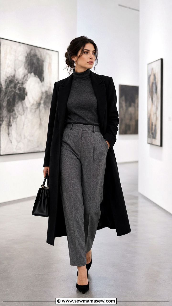 Charcoal Cashmere Turtleneck with Grey Flannel Trousers - 25 Old money outfit ideas with cashmere sweater