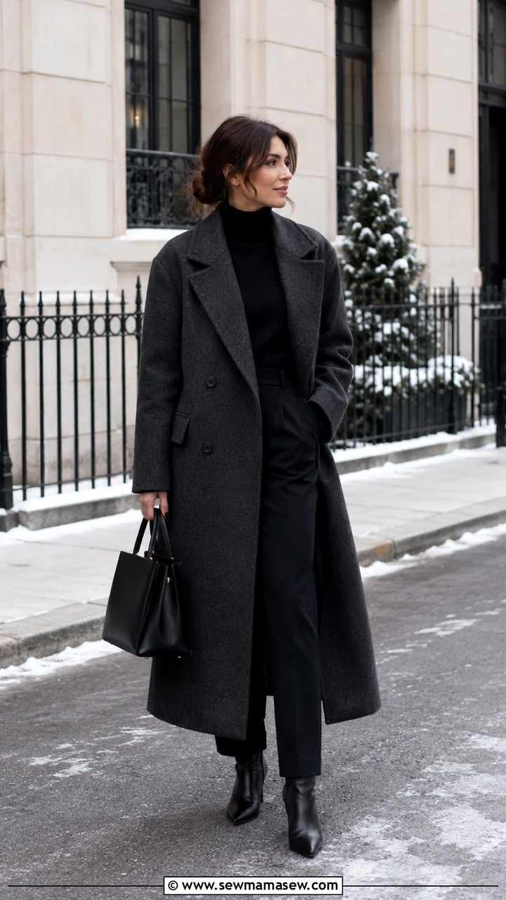 Charcoal Coat And Black Trousers - 30 classy minimalist outfit ideas