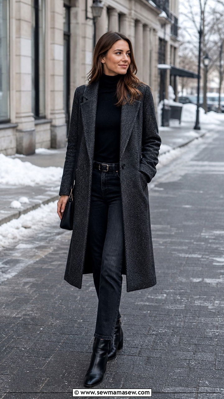 Charcoal Coat With Turtleneck And Jeans - 40 Old money outfit ideas