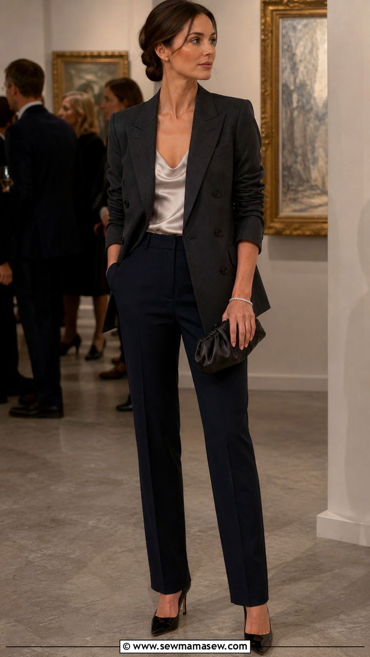 Charcoal Double Breasted Blazer and Silk Cami - 30 Old money capsule wardrobe