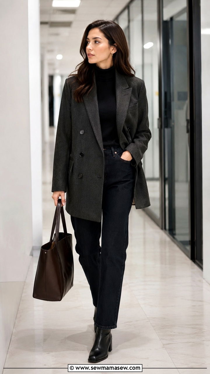 Charcoal Double Breasted Blazer with Turtleneck and Jeans - 30 quiet luxury outfits aesthetic
