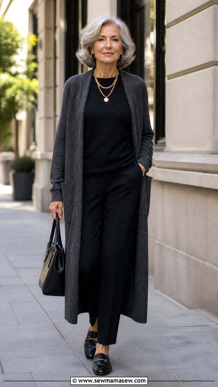 Charcoal Duster Cardigan with Black Base Outfit - 40 Spring outfit ideas for women over 60 2026