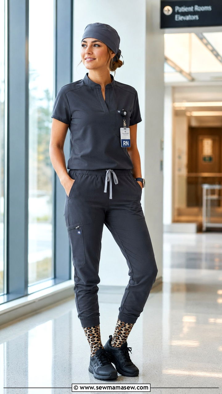 Charcoal Gray Jogger Scrubs With Patterned Compression Socks - 20 Nicu nurse outfit ideas