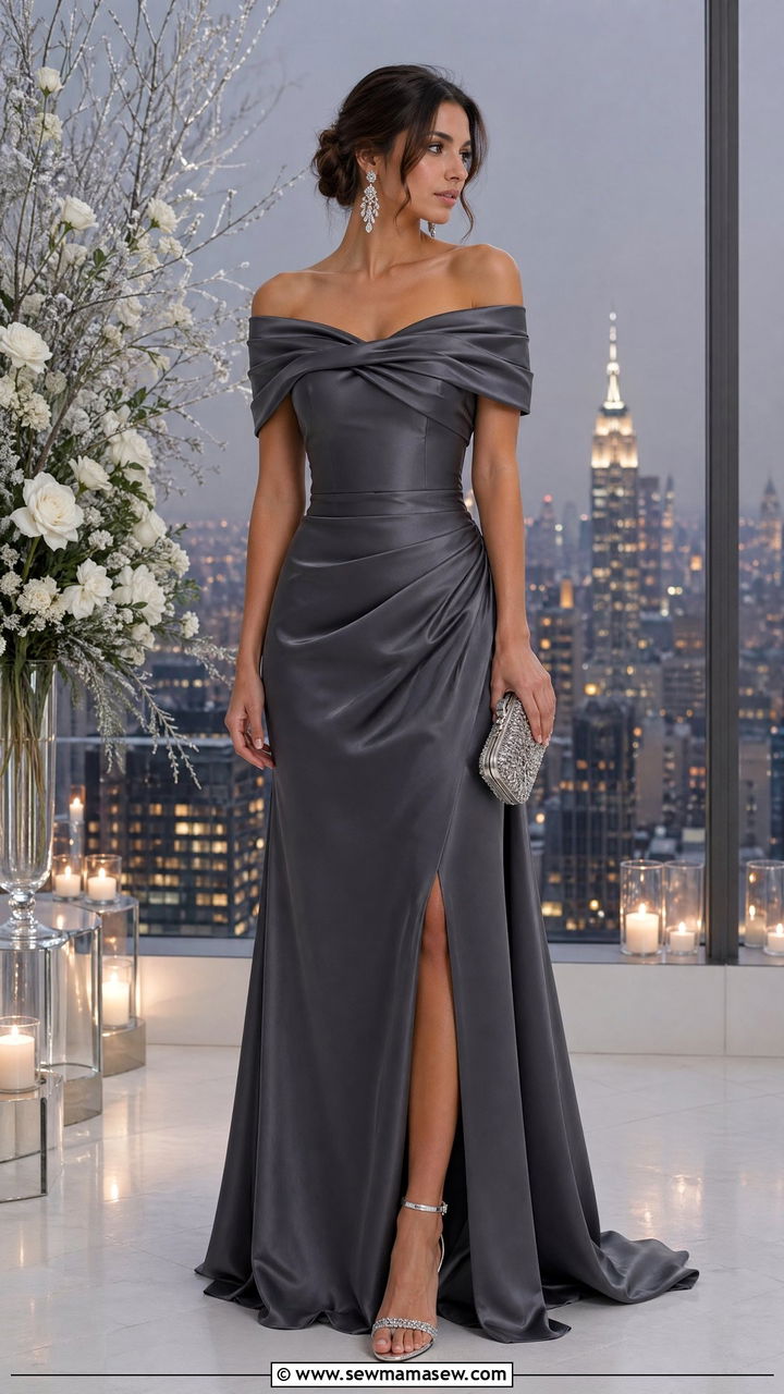 Charcoal Gray Off Shoulder Satin Gown with Silver Clutch - 35 Evening wedding guest outfits