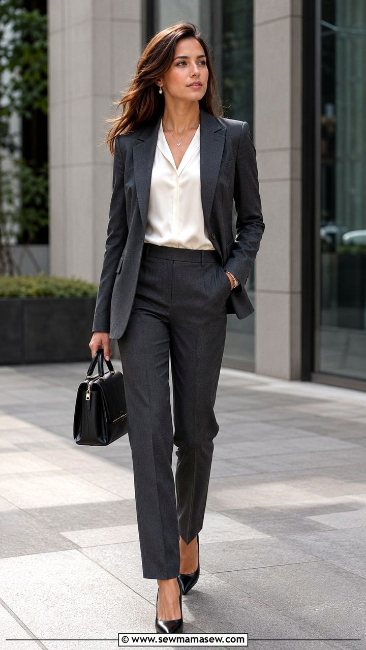 Charcoal Gray Pantsuit With Silk Blouse For Banking - 20 Banker outfit ideas