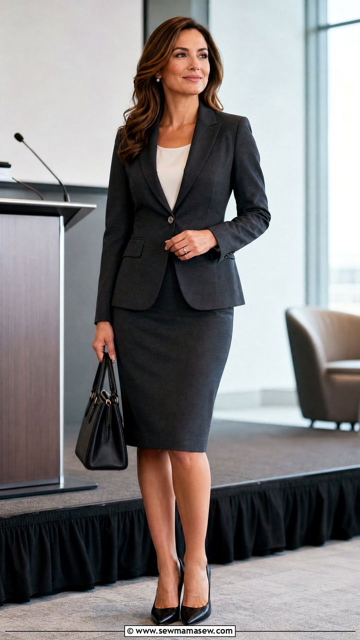 Charcoal Gray Skirt Suit with Pearl Earrings - 25 Keynote speaker outfit ideas