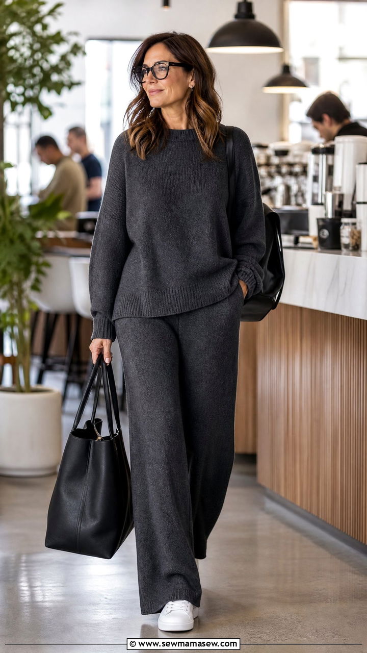 Charcoal Gray Slouchy Knit Set With Sneakers - 30 Matching set outfit ideas for women over 40