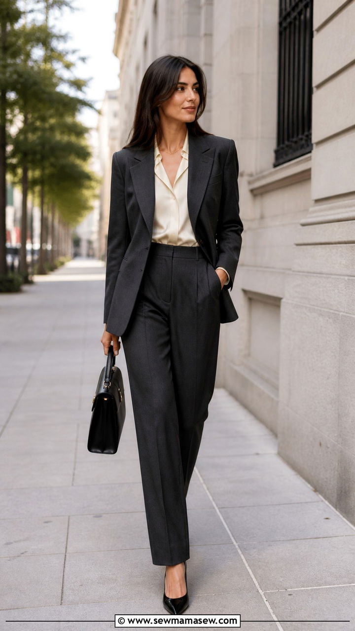 Charcoal Gray Tailored Suit With Silk Button Up Shirt - 40 old money outfits