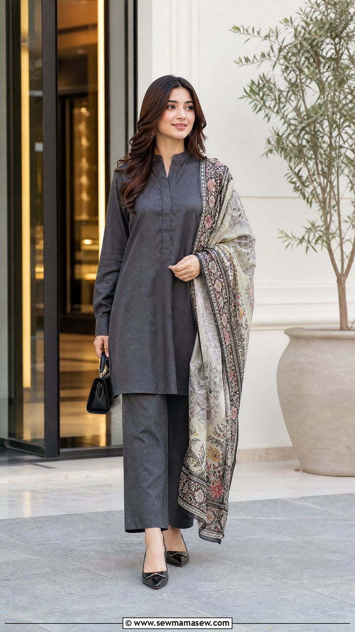 Charcoal Grey Co Ord Set With Printed Dupatta - 25 March Ramadan outfit ideas