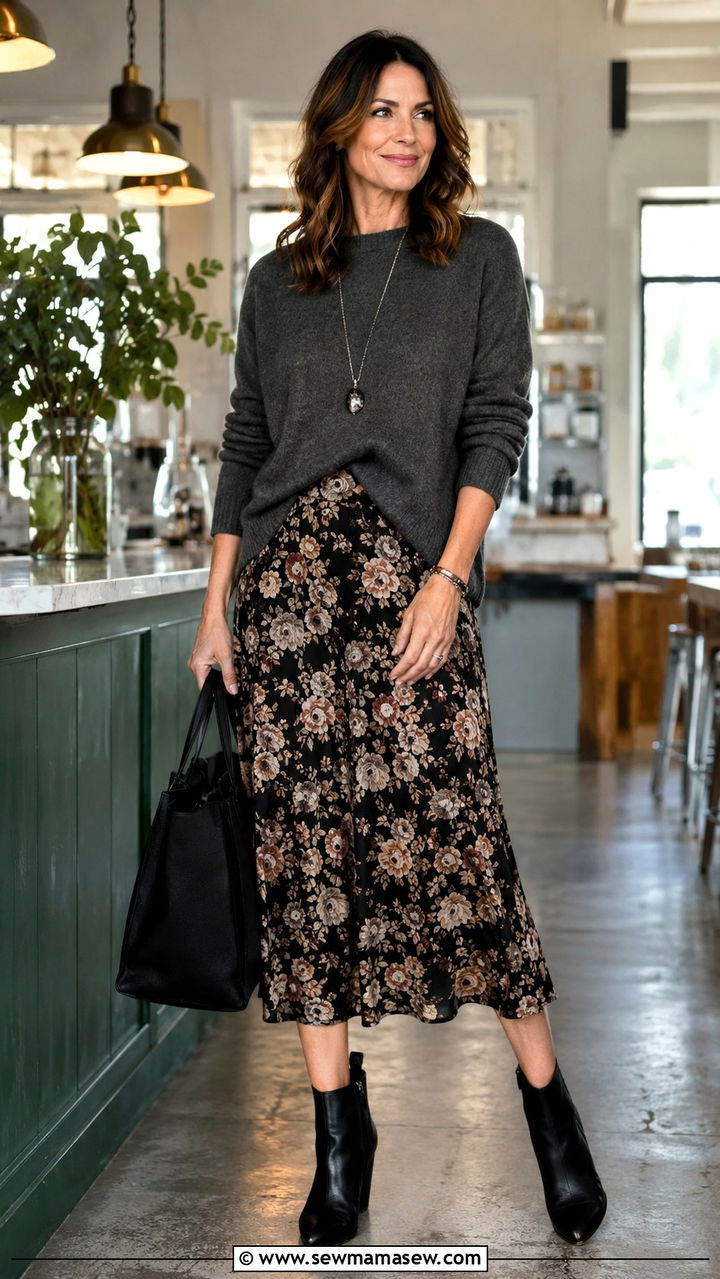 Charcoal Grey Sweater with Floral Midi Skirt and Black Ankle Boots - 30 job interview outfits for women over 40