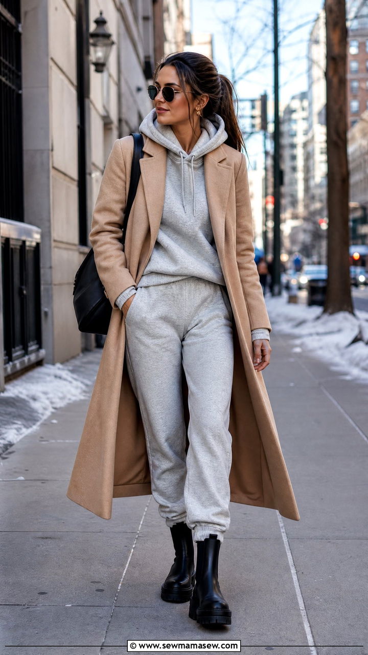Charcoal Grey Sweatsuit With Long Wool Coat - 40 matching set outfit ideas for women