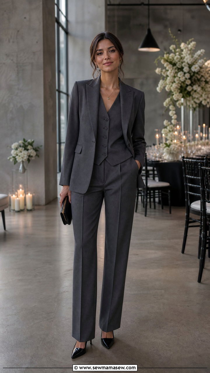Charcoal Grey Three Piece Suit With Vest - 35 Matching set outfit ideas for wedding guest