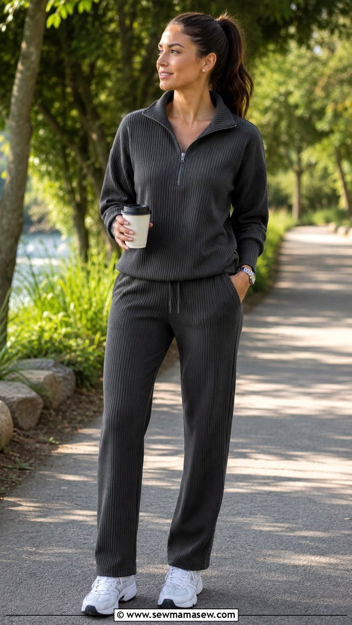 Charcoal Half Zip Ribbed Lounge Set Outfit - 20 Ribbed loungewear set outfit ideas
