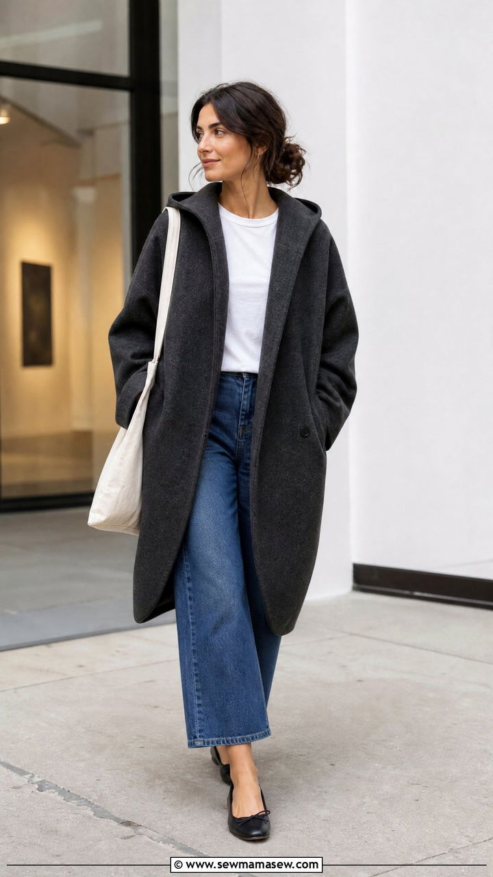 Charcoal Hooded Cocoon Coat With Cropped Wide Leg Jeans And Ballet Flats - 35 Hooded coat outfit ideas