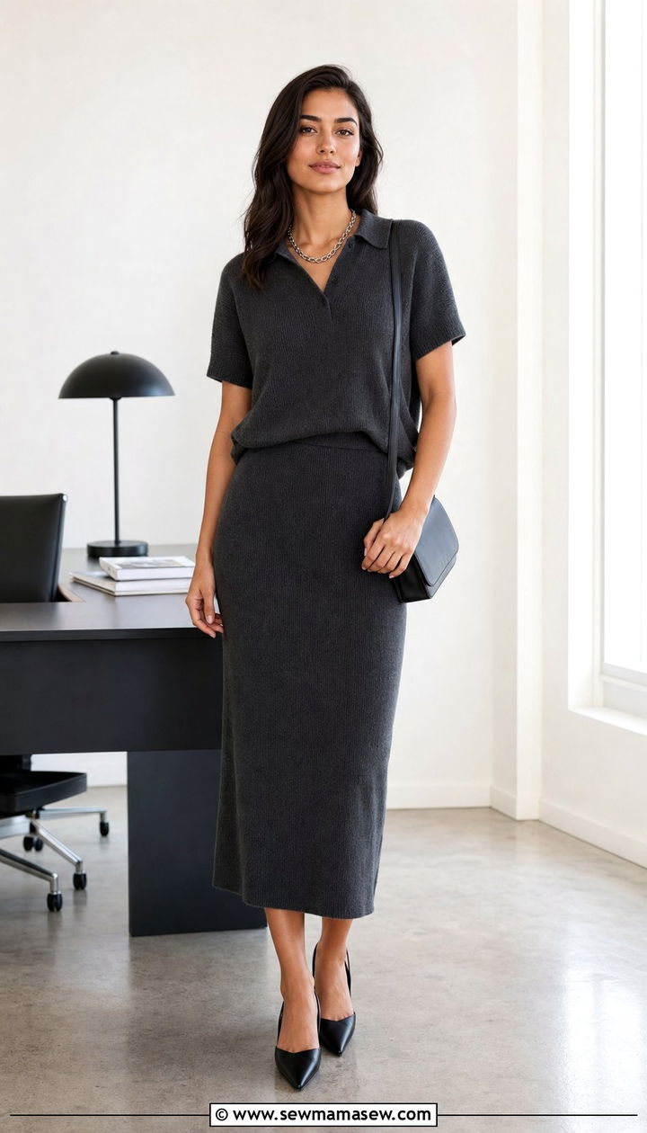 Charcoal Knit Polo and Tonal Column Midi Skirt Work Outfit - 25 Stealth wealth outfit ideas for work