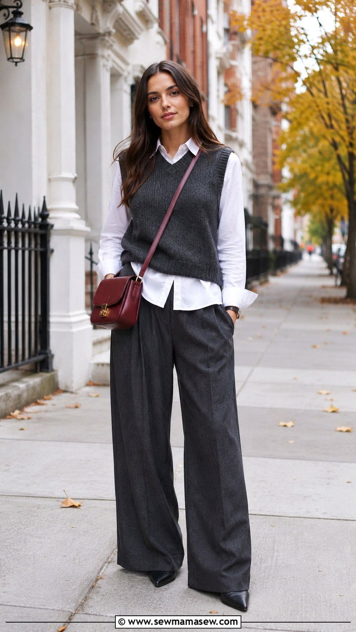 Charcoal Knit Vest with Wide Leg Pants Outfit - 30 Charcoal outfit ideas