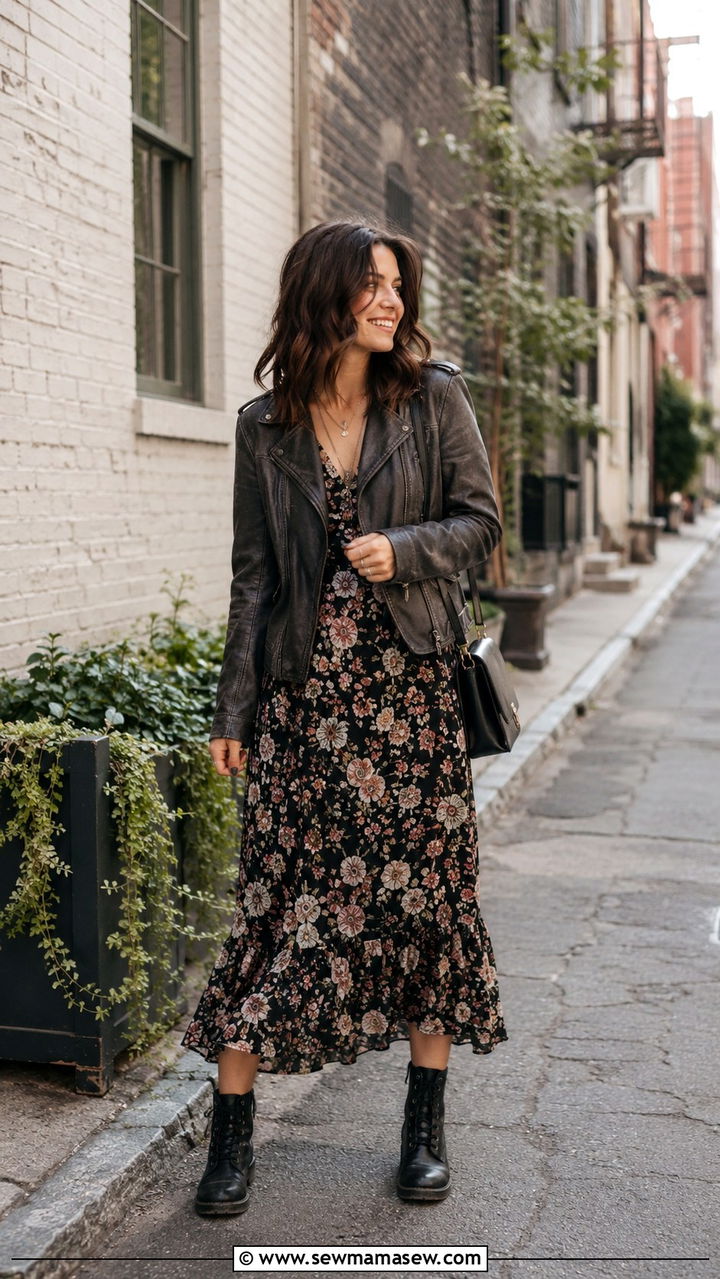 Charcoal Leather Jacket Over a Floral Dress Outfit - 30 Charcoal outfit ideas