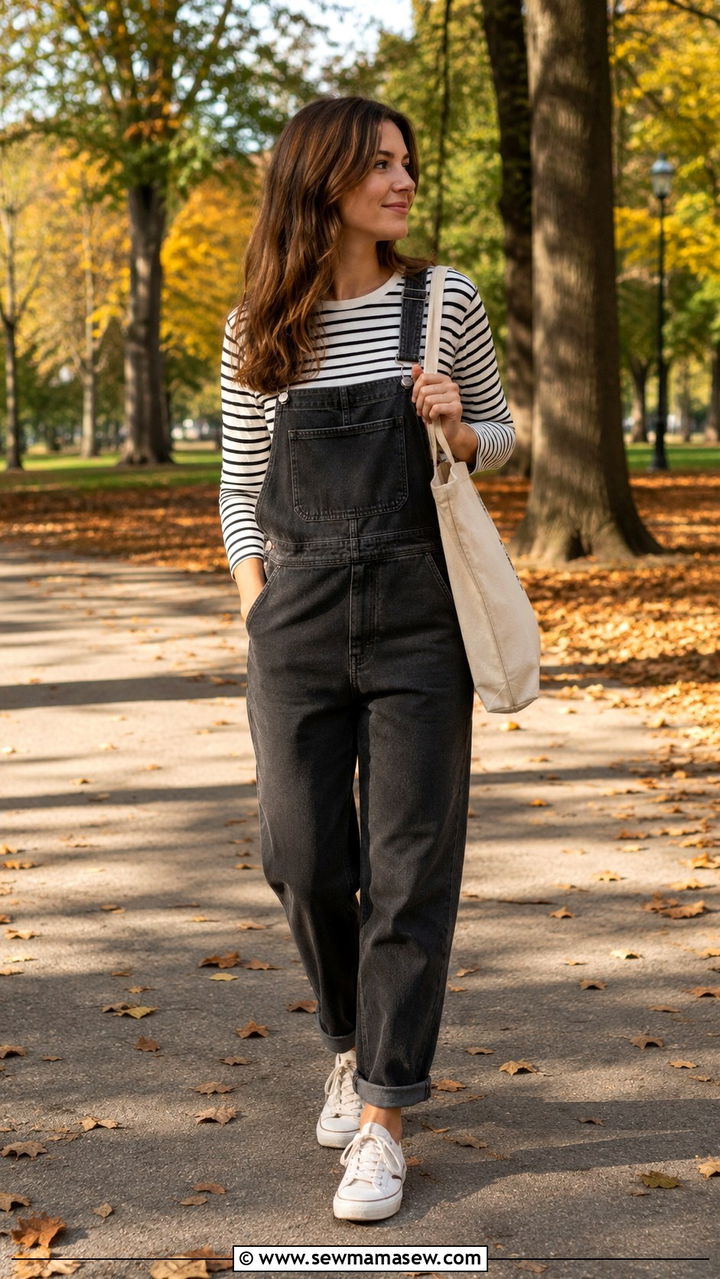 Charcoal Overalls and Striped Tee Outfit - 30 Charcoal outfit ideas