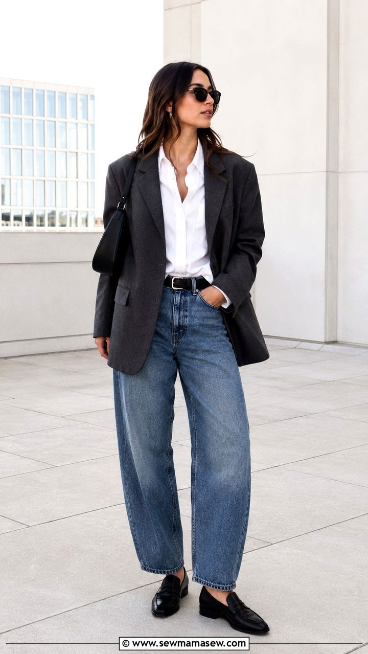 Charcoal Oversized Blazer With White Poplin Shirt And Barrel Leg Jeans - 20 Quiet luxury The Row dupes outfit ideas