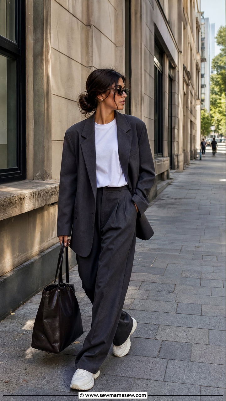 Charcoal Oversized Blazer and Relaxed Trousers Set - 30 Matching set outfit ideas for work