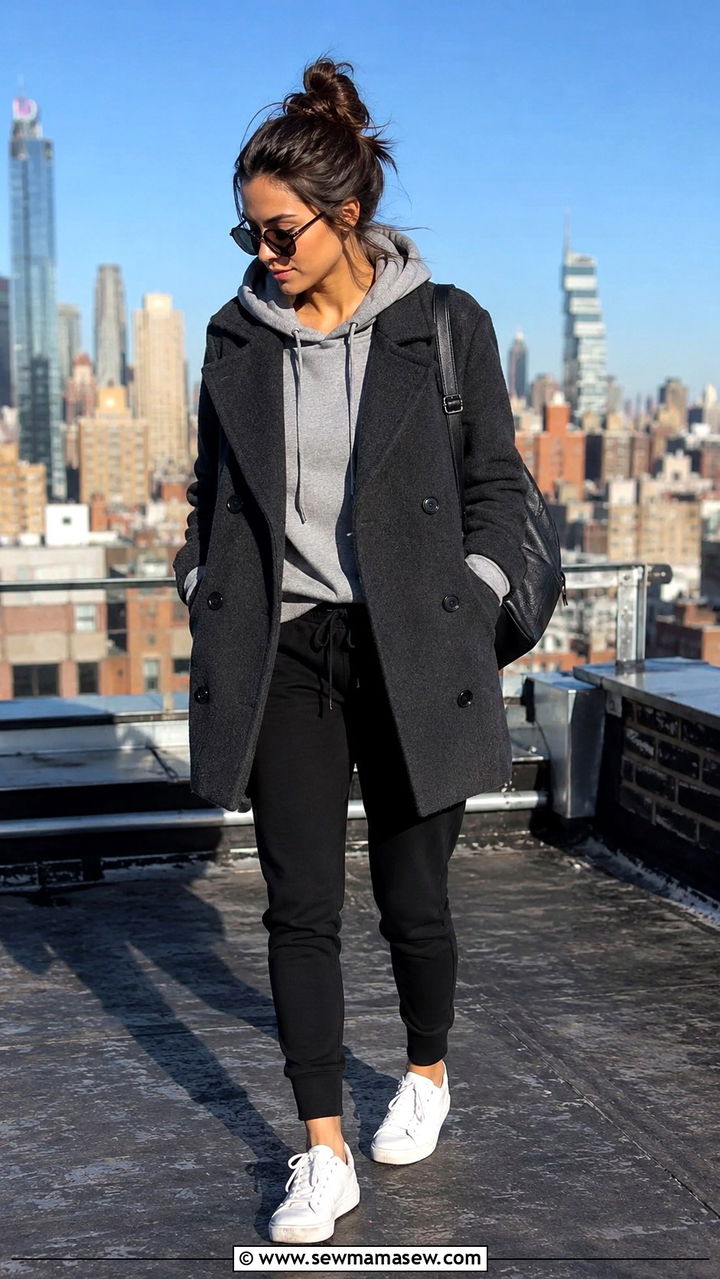 Charcoal Pea Coat with a Hoodie and Slim Joggers - 30 How to style a pea coat