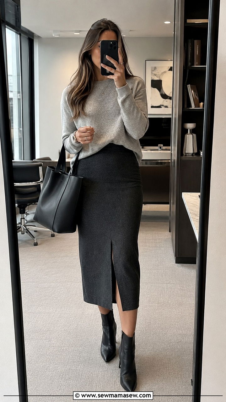 Charcoal Pencil Midi Skirt with Gray Cashmere Sweater - 30 Midi skirt outfit ideas for work