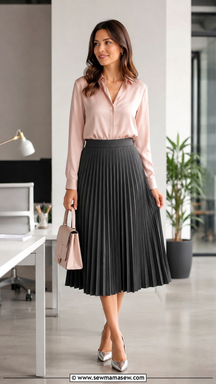 Charcoal Pleated Skirt With Blush Pink Blouse - 30 Pleated skirt outfit ideas for work