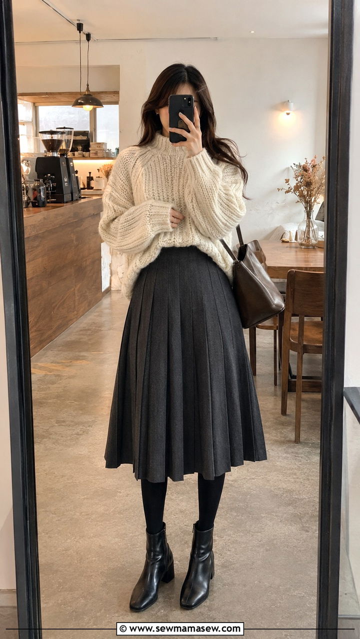 Charcoal Pleated Skirt and Chunky Sweater Outfit - 30 Charcoal outfit ideas