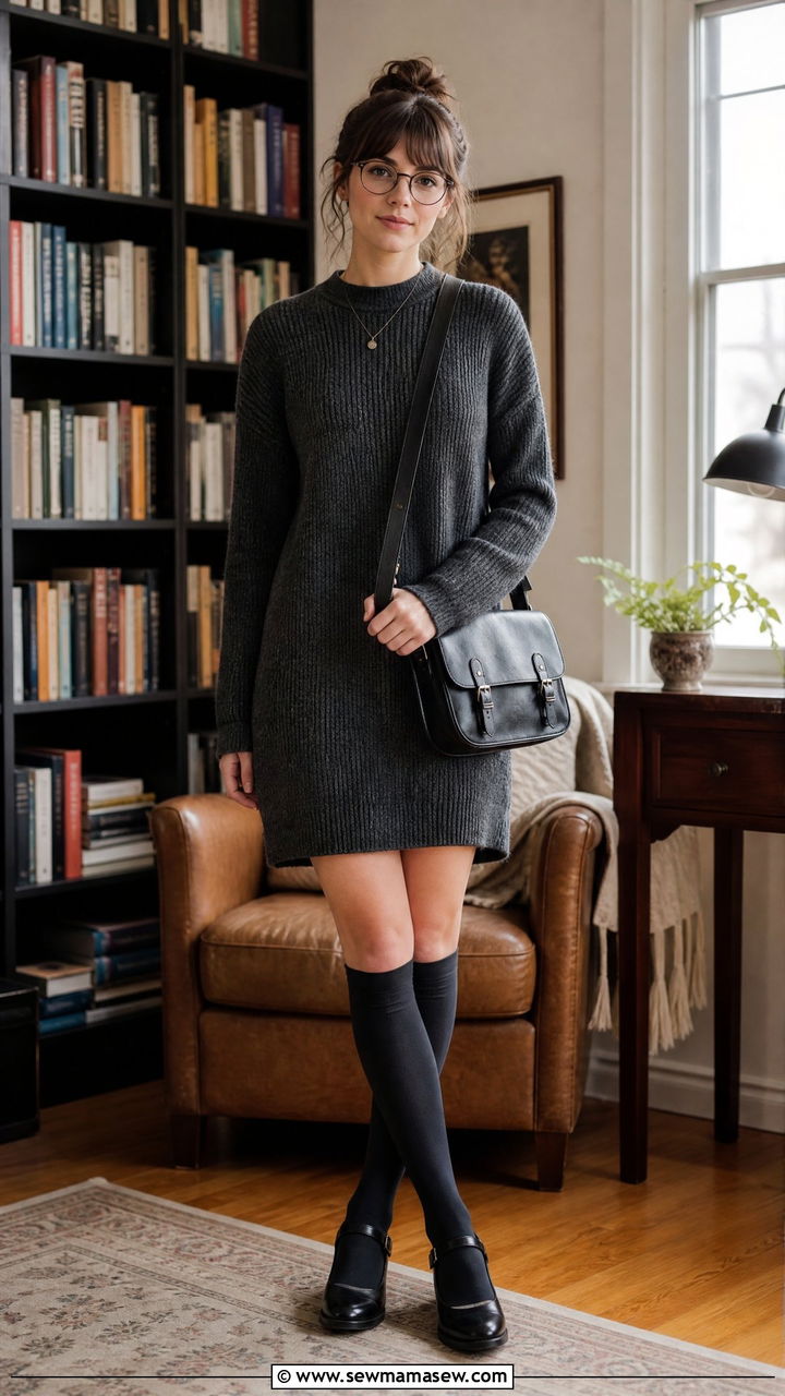 Charcoal Sweater Dress With Knee High Socks Outfit - 30 Dark academia spring outfits